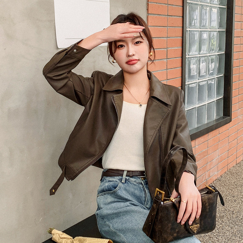 上衣女士美拉德机车风皮衣复古网红标准ins秋季短款春秋显瘦时尚,女装皮衣,莘蕾