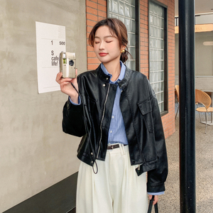 短款欧美风长袖极简风薄款皮衣黑色复古百搭女装立领春秋网红短款图片
