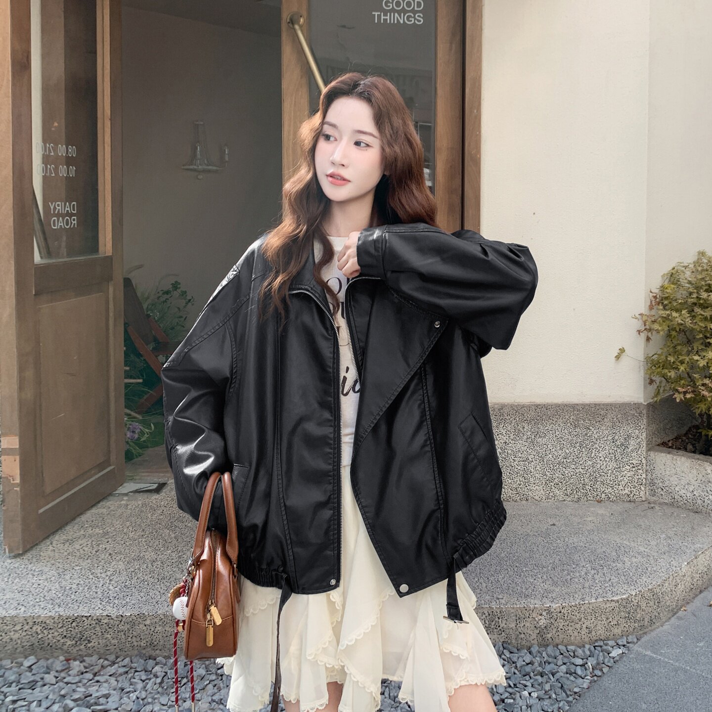 皮衣外套女秋季新款秋宽松复古休闲港风223-1389A-P175K238,女装皮衣,莘蕾