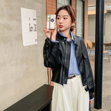短款欧美风长袖极简风薄款皮衣黑色复古百搭女装立领春秋网红短款，女装皮衣，莘蕾
