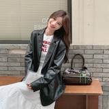 秋季轻职风做旧标准宽松型皮衣小西装外套黑色网红春秋网红短款，女装皮衣，莘蕾