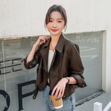 上衣女士美拉德机车风皮衣复古网红标准ins秋季短款春秋显瘦时尚，女装皮衣，莘蕾