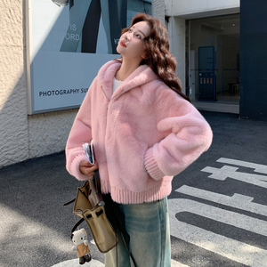 粉色连帽皮毛一体毛毛外套女2026冬季新款小个子巨好看加厚外套图片
