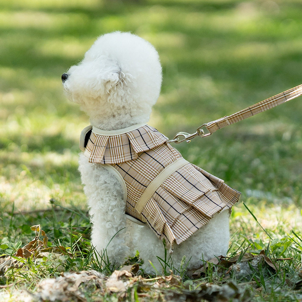 狗狗衣服夏季格子裙套装学院风胸背带牵引绳透气中小型犬背心宠物