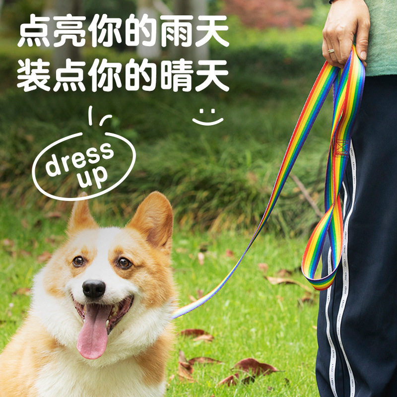 新款彩虹遛狗绳大中小型犬牵引绳卡扣式宠物项圈尼龙狗带编织狗绳