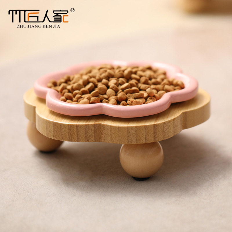 花朵竹制宠物猫碗架陶瓷猫咪猫粮猫食盆防打翻饭碗狗狗双碗餐盘定