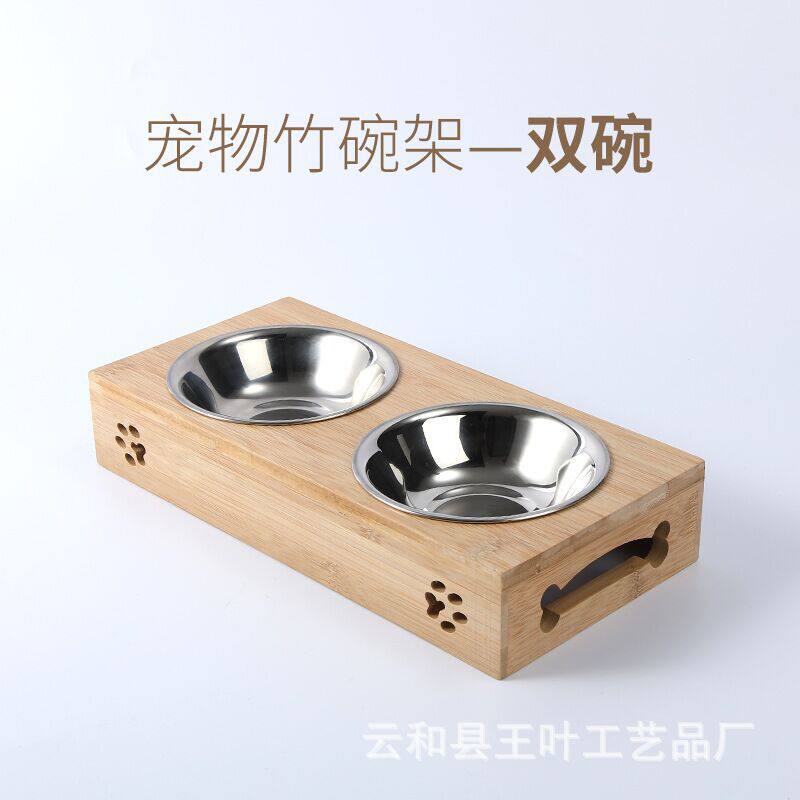 卡哇伊猫竹木碗架猫猫狗狗竹木实木质双碗不锈钢木制碗架