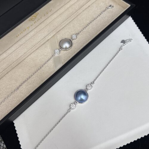 萦回皓月海水马贝珍珠S925厚银手链15-16mm气质灰/海蓝色简约气质