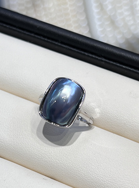 魔方大楼长方形海水马贝S925银简单光边设计款戒指蓝银色日常通勤