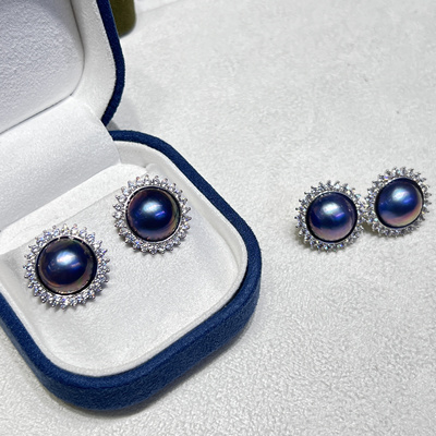 正午阳光海水马贝珍珠太阳花款耳钉S925厚银镶嵌13-14mm宝石蓝色