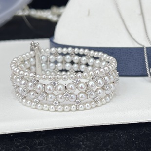 拜占庭风格 重工S925银手链四排质感高级16.5cm 淡水baby珍珠设计款