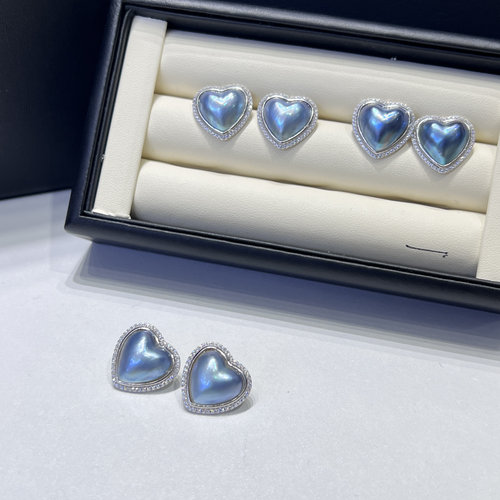 Love Heart 蓝色爱心纯银海水马贝珍珠耳钉微瑕满锆石复古大气女