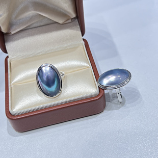 宇宙星环海水马贝S925银开口戒指厚银质感外扩边星空蓝色14*20mm