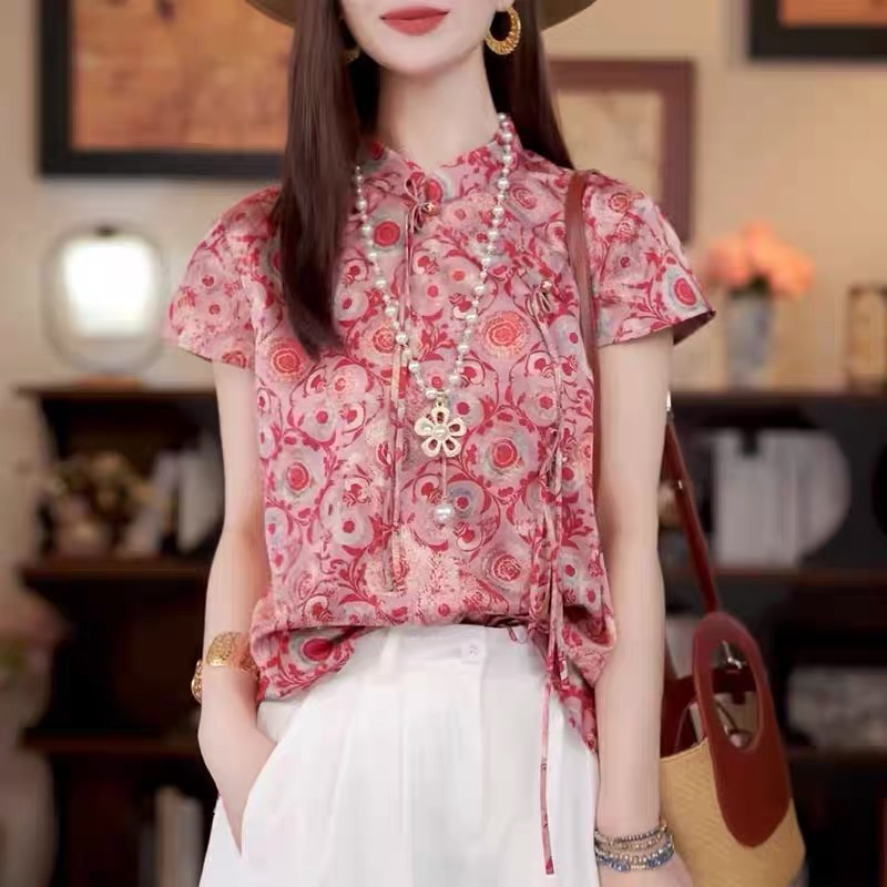 绝美新中式国风上衣短袖女改良立领旗袍小衫桑蚕丝真丝提花衬衫夏