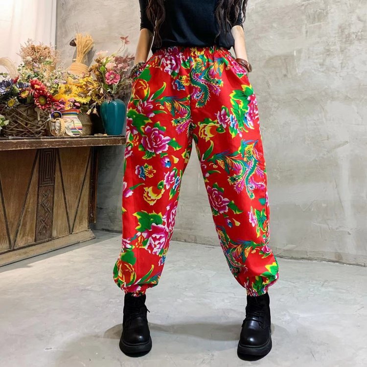 东北大花棉麻松紧腰灯笼裤团体跳舞大码长裤潮夏季女士民族风长裤