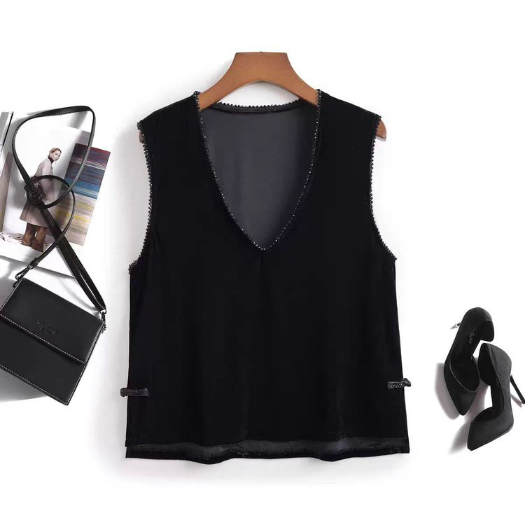 【初秋】春秋季新款重工钉钻马甲V领侧盘扣无袖丝绒背心上衣女