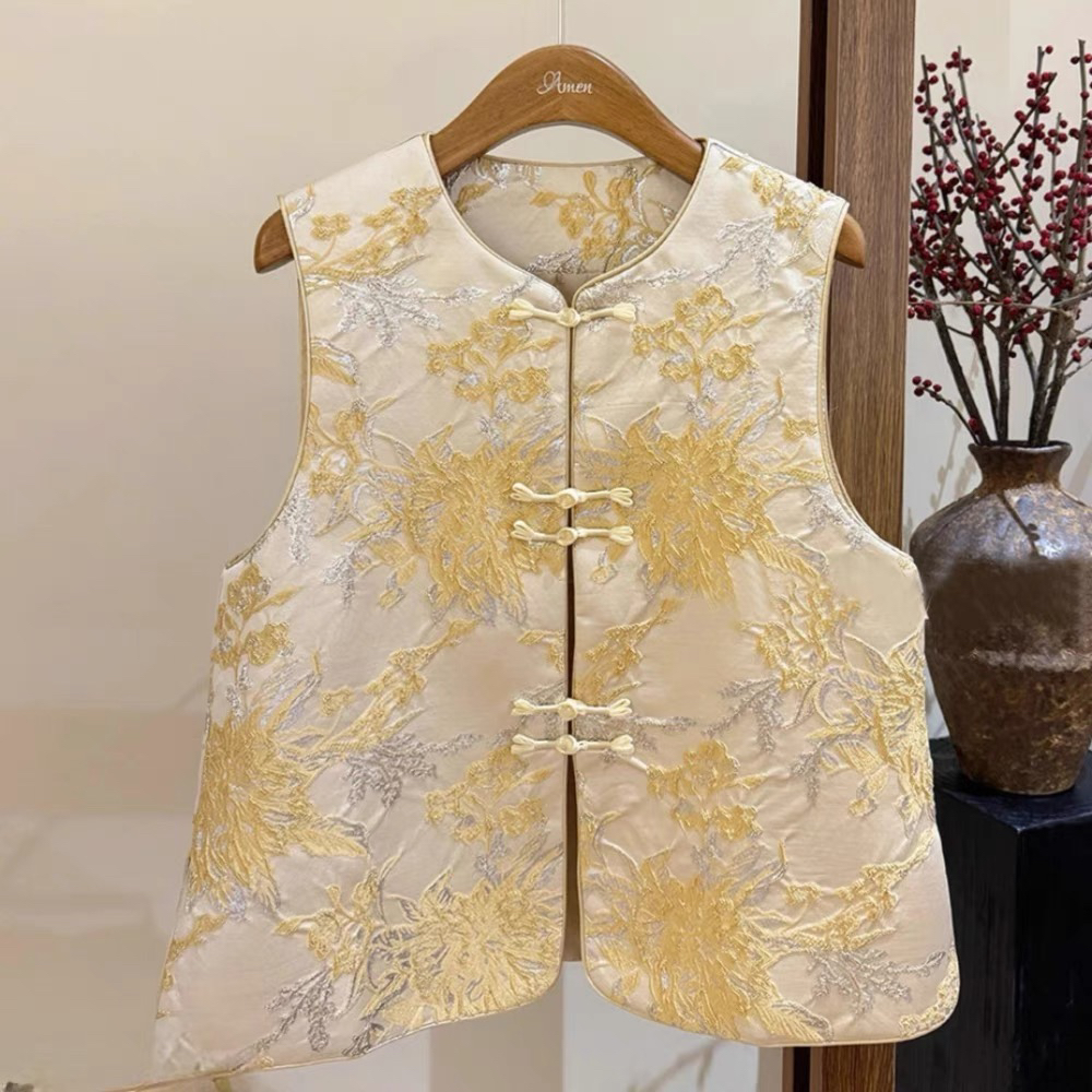 新中式国风复古织金提花马夹高端气质百搭圆领盘扣无袖外穿马甲