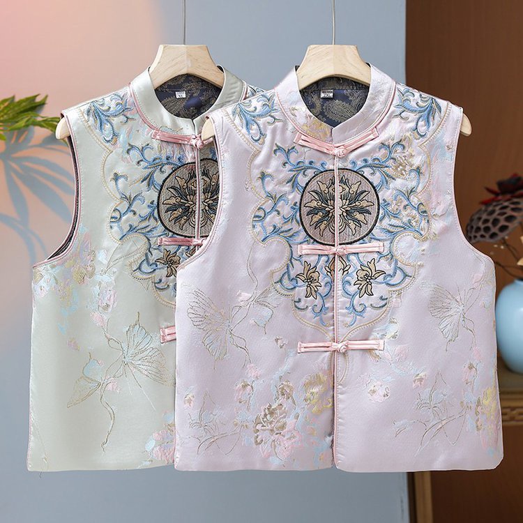 【莲粉】中式唐装盘扣马甲外套女士春夏国风复古坎肩刺绣马甲