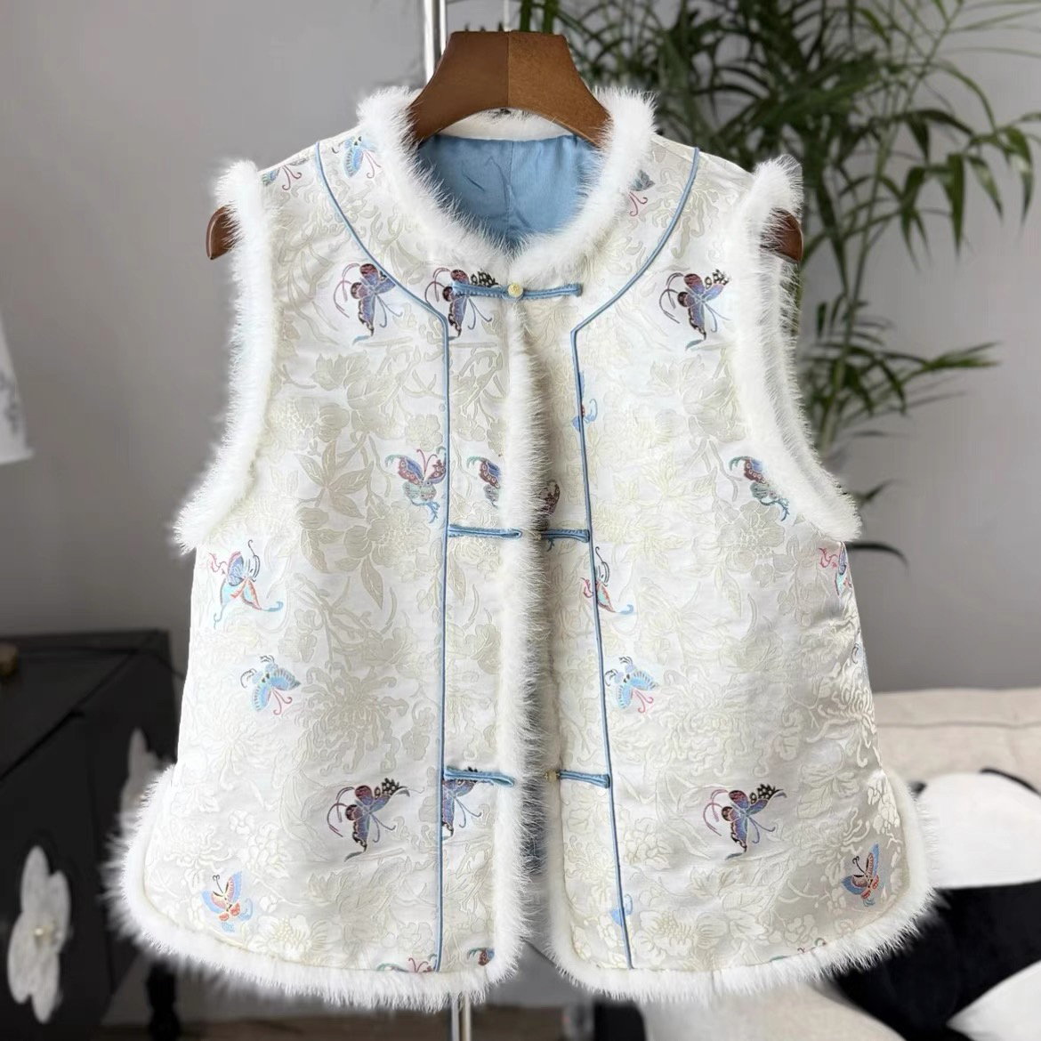 【蓝羽·夹棉款】秋冬季新款新中式国风提花盘扣加棉马甲女背心