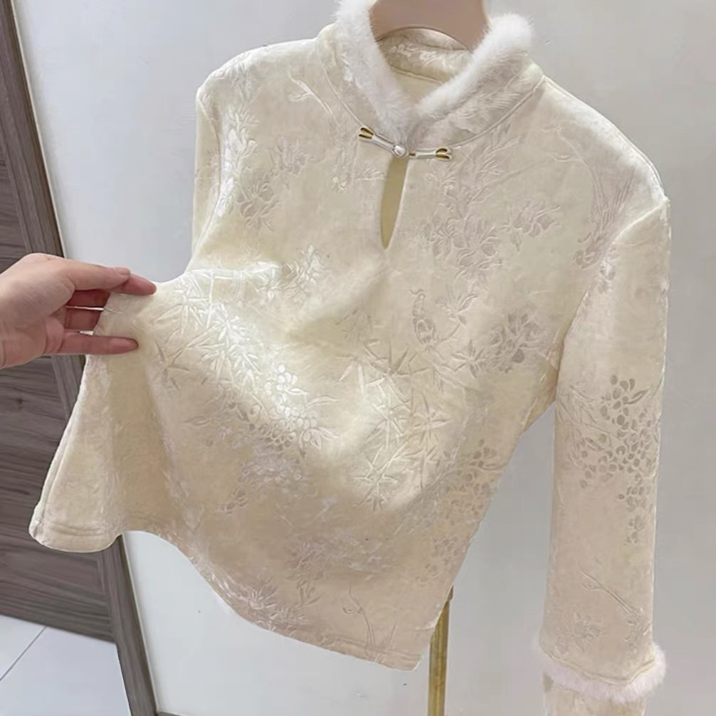 【文汐·加绒】中式盘扣丝绒打底秋冬毛毛拼接加厚保暖衬衣