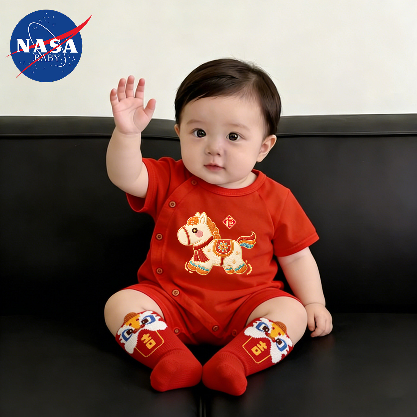 夏季新生婴儿侧开纯棉宝宝连体衣满月喜庆百天周岁红色59码短袖装