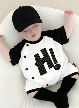 夏季新生婴儿服潮牌短袖纯棉连体衣黑色宝宝爬爬服ins风0-12个月