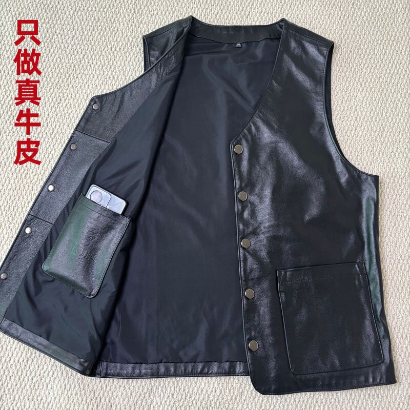 新款高档真皮马甲男春秋头层牛皮坎肩多口袋中老年皮背心休闲马甲