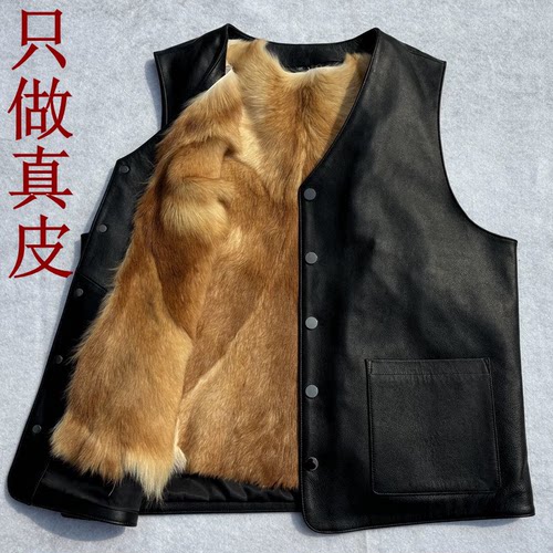 真皮马甲男中老年头层牛皮马夹秋冬季皮毛一体羊毛背心保暖爸爸装