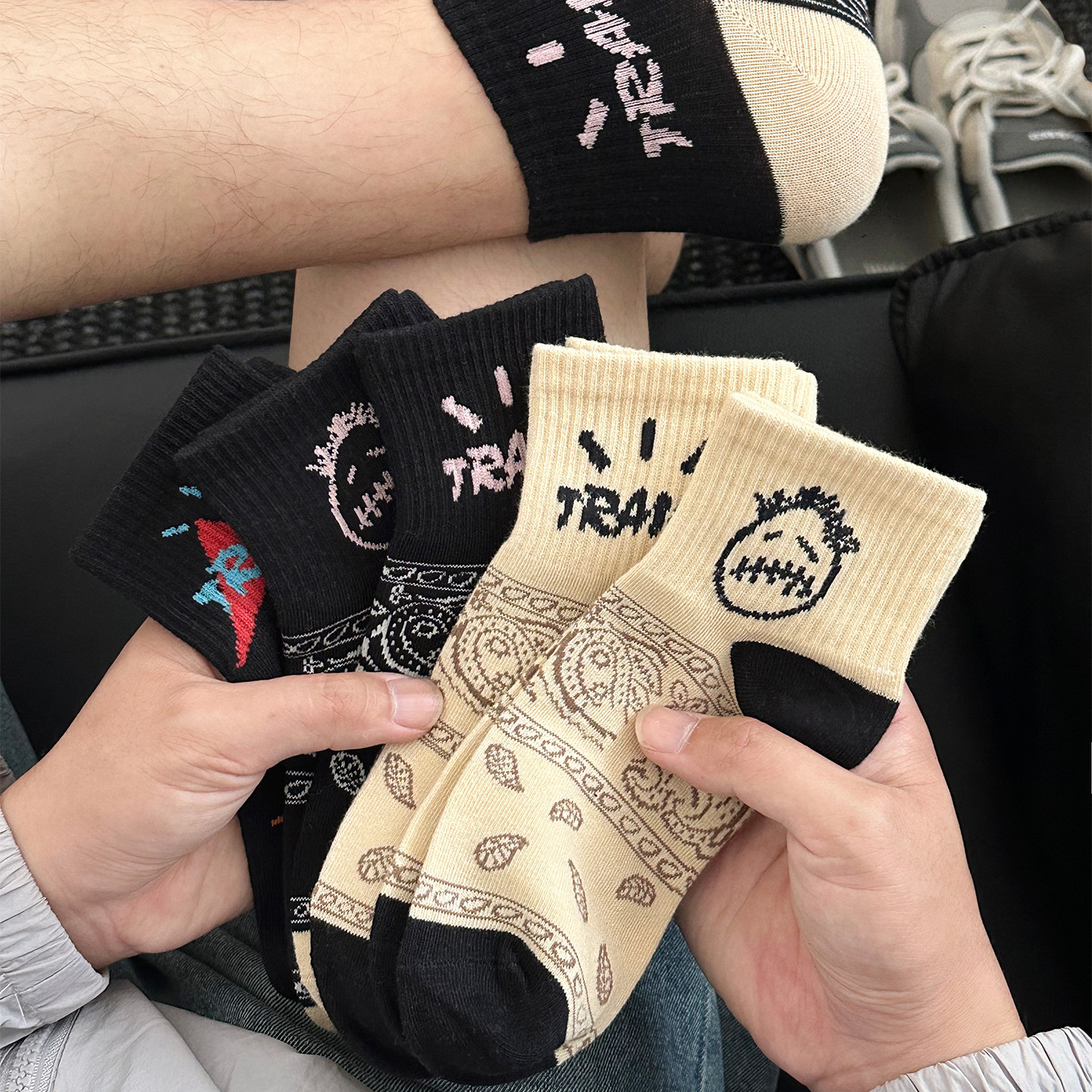 腰果花袜子男女ins潮流纯棉短筒卡通鬼脸潮牌情侣低帮女夏天运动