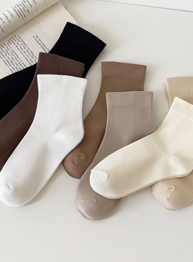 白色袜子女中筒纯棉ins百搭奶茶色系简约运动堆堆无骨松口袜韩版