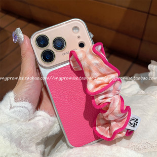 ins少女芭比粉色格子大肠发圈弹性腕带适用iphone17promax苹果16手机壳13新款17pro个性15promax手拎挂绳14PM