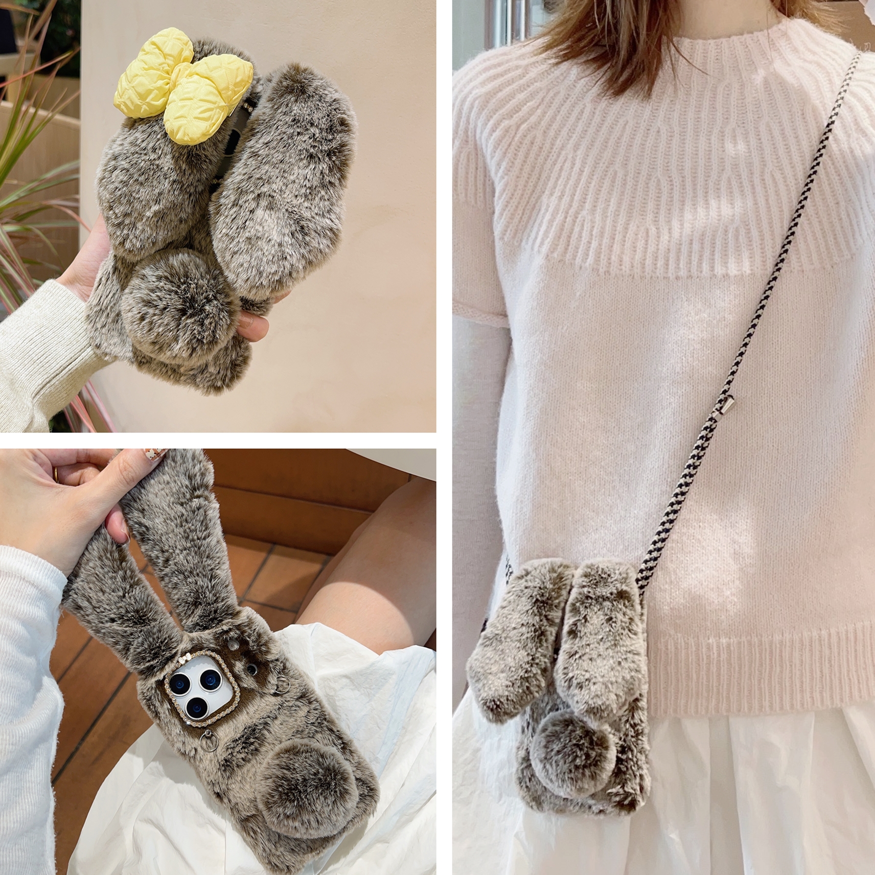 秋冬季美拉德棕色毛茸茸兔子适用iphone17手机壳苹果16promax毛绒17Pro新款16plus女15pro斜挎背带挂绳挂脖13