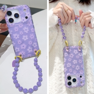 ins春款 13油画风17pro斜挎背带挂绳15pro高级感14 高定紫色花朵手拎链适用苹果17promax手机壳iphone16pro新款