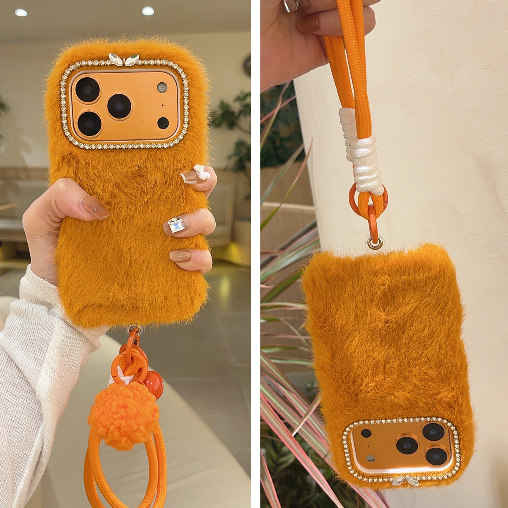 秋冬新款橙色毛绒适用iphone17promax带挂绳16pro手拎13毛茸茸14plus保暖15Pro苹果17手机壳小众高级感Air套