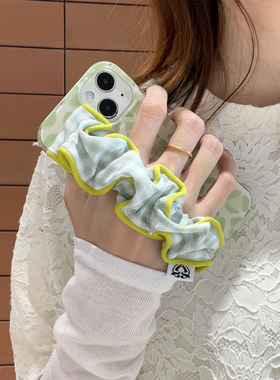 夏季ins清爽绿色格纹大肠发圈弹性腕带适用苹果16promax手机壳韩风iphone13新款15pro高级感14ProMax牛油果绿