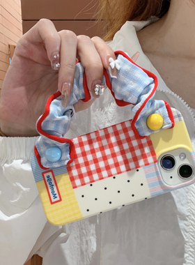 夏日ins蓝色布艺格子挂绳腕带适用iphone16promax苹果17手机壳新款13手提14Pro斜挎可背15promax个性拼接格纹