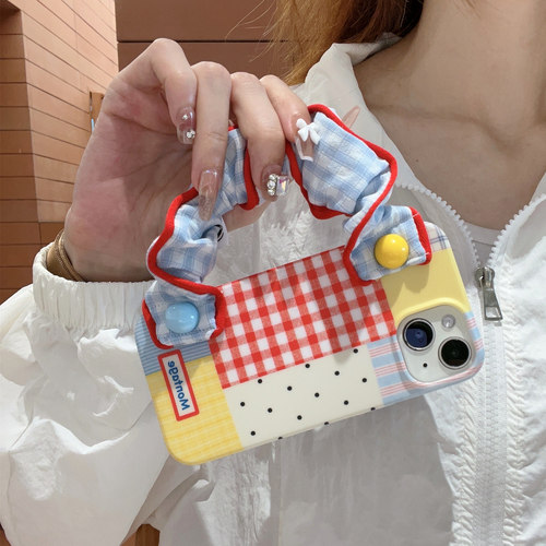 蓝色格子弹力腕带手机壳