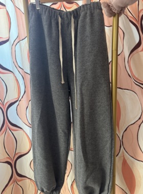 现货福利折扣韩国东大门knock秋冬纯色松紧腰抽绳束脚针织休闲裤