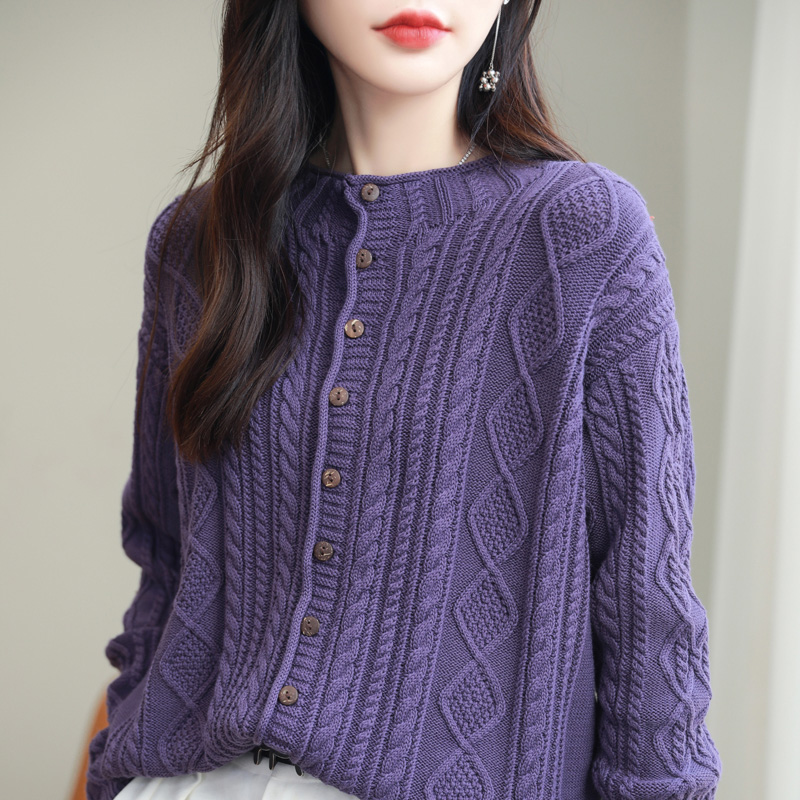 秋冬纯棉线麻花圆领针织开