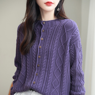 秋冬纯棉线麻花圆领针织开衫女宽松短款外套毛衣加厚全棉外搭上衣