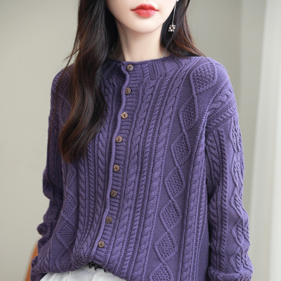 秋冬纯棉线麻花圆领针织开