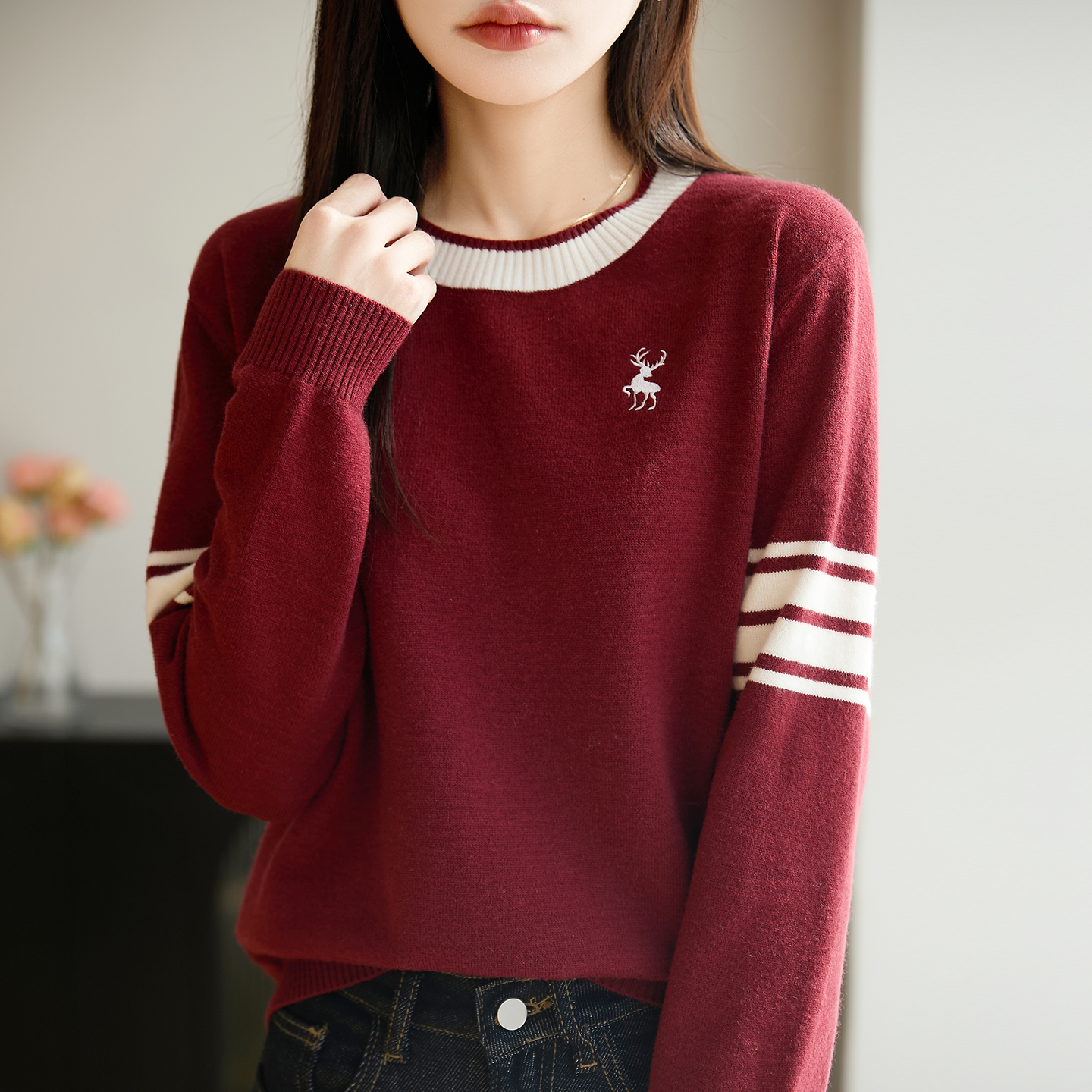 学院风宽松减龄条纹刺绣保暖