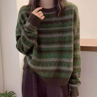复古祖母风条纹圆领毛衣女秋冬宽松软糯针织衫上衣