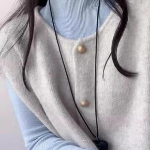 复古小金扣叠穿针织坎肩女春秋冬季韩系外套开衫软糯宽松毛衣马甲