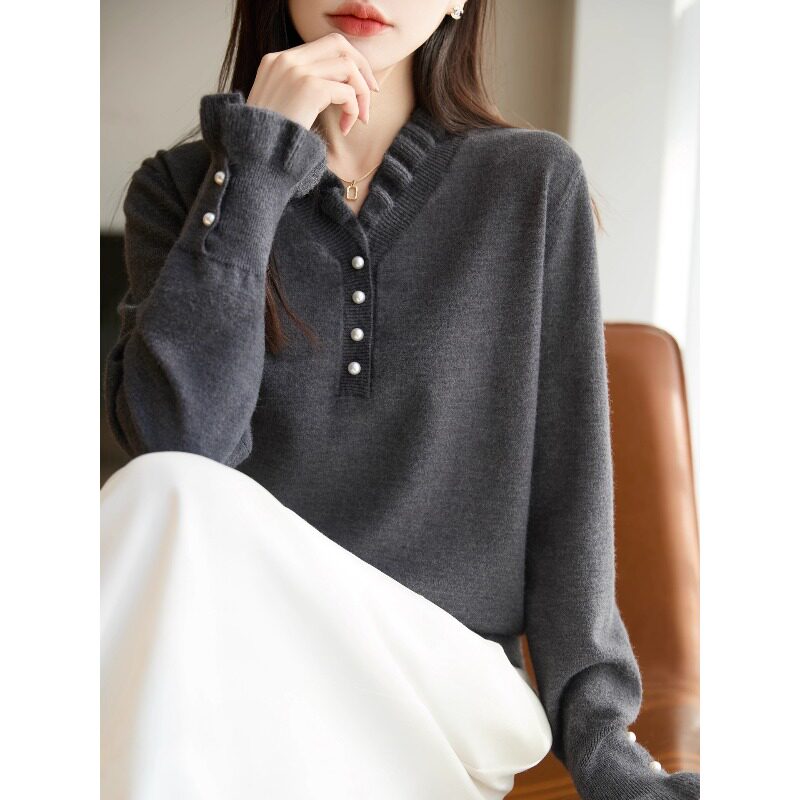 老钱风V领珍珠扣毛衣女酒红色花边套头针织衫洋气,女装/女士精品,毛针织衫,淘宝优惠券,粉丝福利购,淘宝优惠卷