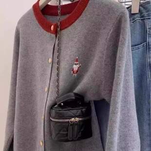 秋冬加厚美丽诺羊毛开衫女拼色刺绣圣诞老人百搭毛衣灰色外套羊绒