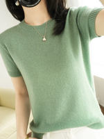 Spring and Autumn round-neck short-sleeved women's cashmere sweater, loose short base layer, half-sleeved knitted sweater, thin mid-sleeved cashmere sweater thumbnail 3