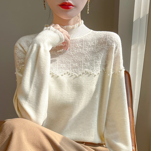 高级感2024款蕾丝边半高领镂空针织衫可外穿打底衫宽松小香风毛衣