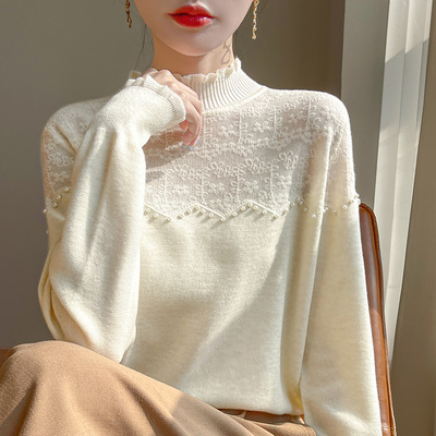 高级感2024款蕾丝边半高领