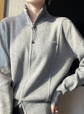 灰色双拉链高领针织衫开衫运动短款洋气上衣小个子秋季毛衣外套女